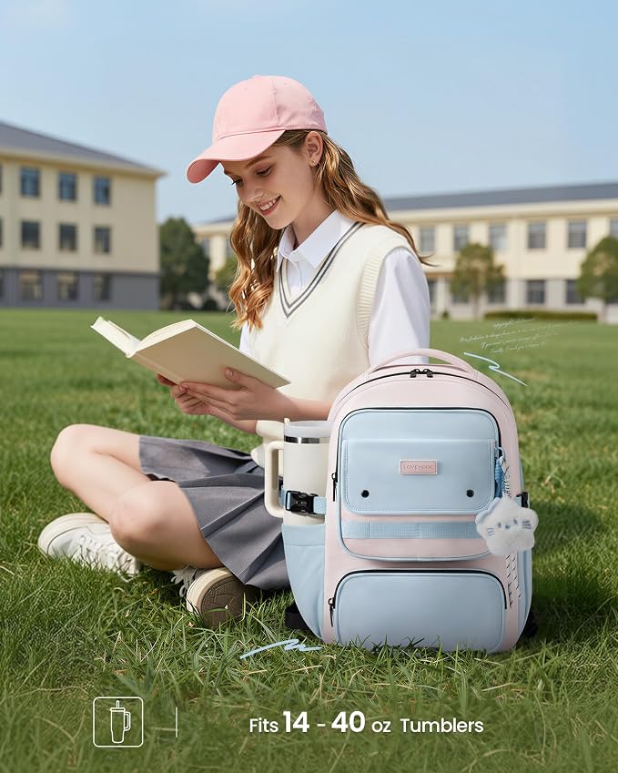 LOVEVOOK School Backpack for Teen Girl, Cute Bookbag with Large Bottle Holder, Lightweight Elementary Middle High School Student Backpack Fits 15.6 Inch Laptop, Back to Schools Kid Gift, Blue-Pink
