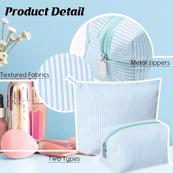 Huhumy 2 Pcs Makeup Bag Set for Women, Light Blue, Thin Striped Seersucker | Cute Cosmetic Pouch Women Travel Toiletry Bag Preppy Small Makeup Purse Pouch Aesthetic Skincare Brushes Storage Organizer