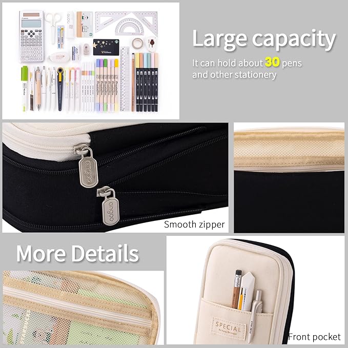 EASTHILL Big Capacity Pencil Pen Case Office College School Large Storage High Capacity Bag Pouch Holder Box Organizer Black White