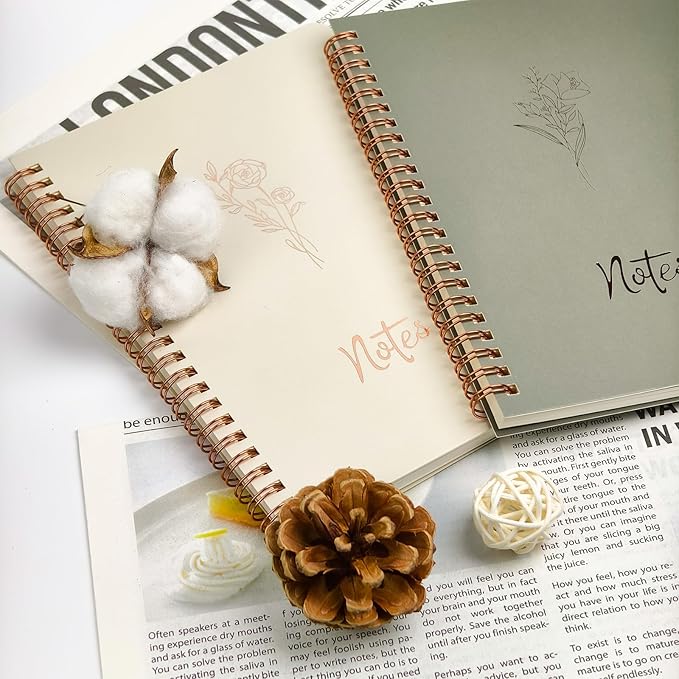 Prelady Spiral Notebooks for Women, 2 Pack College Ruled Wirebound Notebooks with Gold Floral Design, Aesthetic Journaling Notebooks for Writing, School, Work, Office Supplies (Beige/Sage)