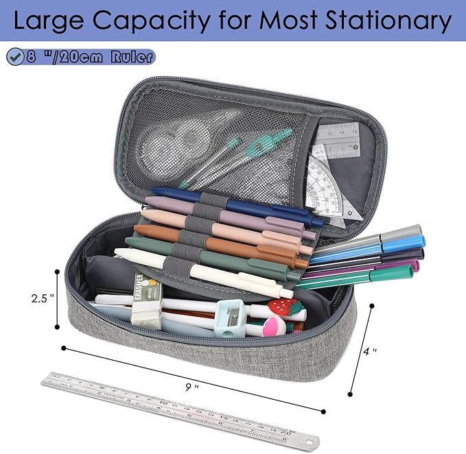 FlowFly Large Capacity Pencil Case for Kids, Boys & Girls – Zippered Multi-Functional Pen Pouch, Soft & Portable Pencil Bag for School, Teens, Students, Grey