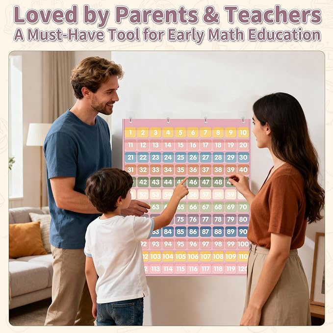 Yoink 120 Pockets Number Chart with 135 Double-Sided Number Cards, Boho Hundred Pocket Chart for Classroom Homeschool Teachers Kids Learning, Pink