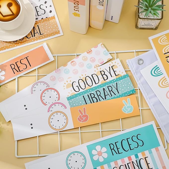 JarThenaAMCS Boho Daily Schedule Pocket Chart 13 x 35.5 In Rainbow Flower Smile 13 + 1 Pocket Visual Schedule Chart Board with 24 Card for Classroom Home Office Supplies