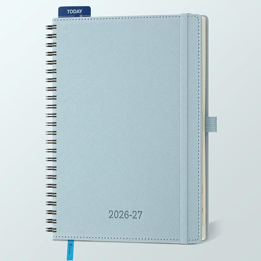 Planner 2026-2027 Daily Weekly and Monthly,8.5"x6.5",18 Months Spiral Bound Calendar Agenda with Self-adhesive Pen Holder,2026 Academic Plan with Vegan Leather Soft Cover,Dusty Blue