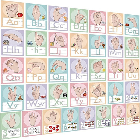 YIYDONG 36 Pieces ASL Alphabet Line Bulletin Board Set ABC Number Sign Language Flash Cards Wall Decorations for Pre-School Kindergarten Elementary Classroom Nursery Homeschool (Soft Tones)