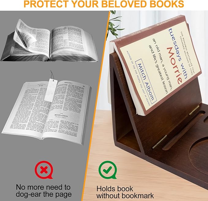 Book Reading Nook Valet with Cup Holder - Wooden Triangle Nightstand Book Stand Holder for Page Rest