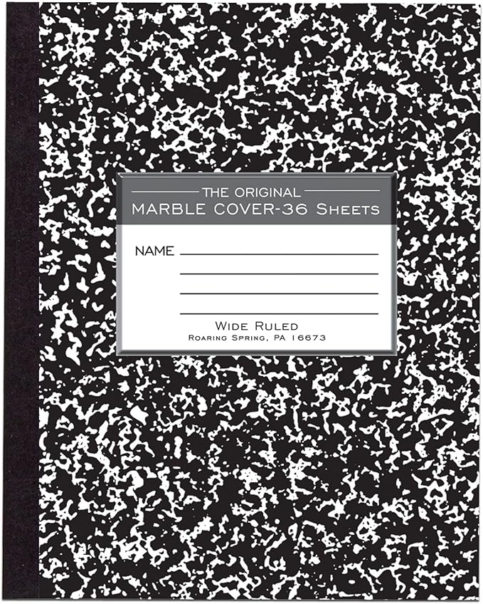 ROARING SPRING Flexible Cover Composition Notebook, 144 Books, Black Marble, Wide Ruled w/Margin, 36 Sheets (72 Pages), 8.5" × 7", Center-Sewn, Made in USA