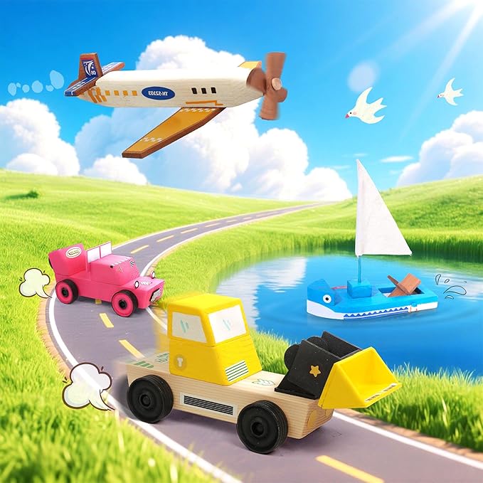 Wooden Build Paint Art Crafts Kit 3 Pack, Make Your Own Car Boat & Plane DIY Craft Toys for Kids Boys, STEM Educational Toy Set for Kids Ages 4-8, 8-12