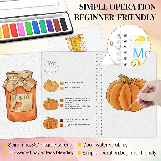 2-Pack Beginner Watercolor Workbooks: 24 Coloring Pages + 12 Watercolor Paints + Brush – 300gsm/140lb Paper – Gift for Women, Adults & Beginners (Autumn & Kitchen)