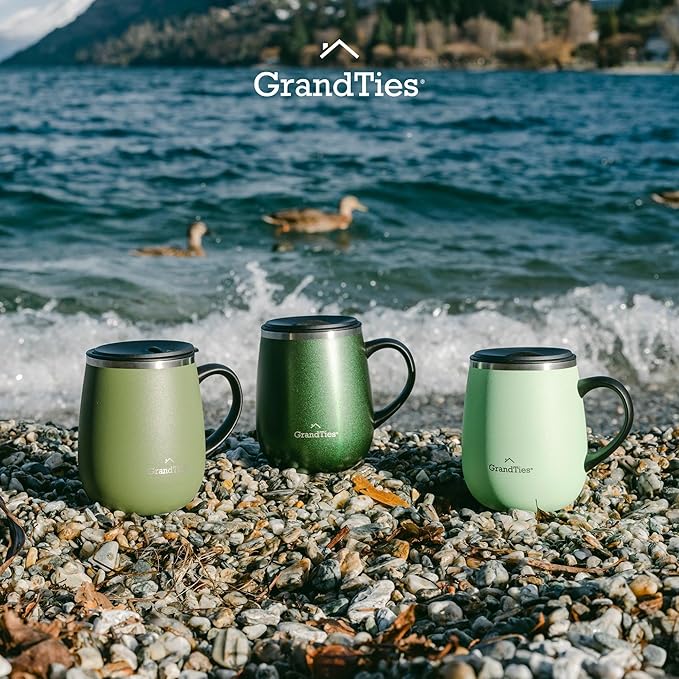 GRANDTIES Insulated Coffee Mug with Handle - Sliding Lid for Splash-Proof 16oz Wine-Glass Shape Thermal Tumbler with Double Walled Vacuum Stainless Steel to Keeps Beverages Hot or Cold-Olive Green