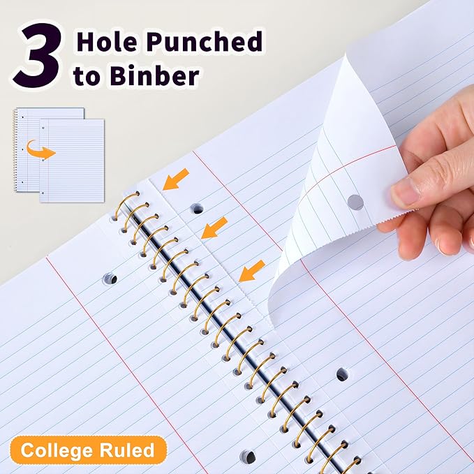 MUAHLIUB Spiral Notebook College Ruled Paper 8" x 10-1/2", 1 Subject Spiral Notebook, 3-Hole Punched Perforated Pages Ideal for School, Office, Writing, 95 Sheets Lined Journaling Notebook, Blue