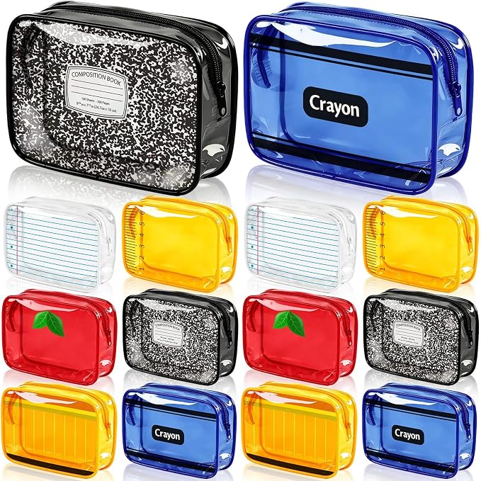 Suclain 12 Pack Back to School Teacher Gift, Teacher Survival Kit Bag, Stationery Zipper Cosmetic Pouches, Transparent PVC Pencil Case Waterproof Toiletry Makeup Bag for School Supplies, Travel