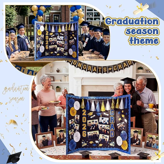 31 Pcs Graduation Photo Display Board Decoration 40"x28" Trifold Poster Board Graduation Themed Stickers Grad Fan Tassel Garland for 2026 Grad Party College Picture Frame(Blue Gold Silver)