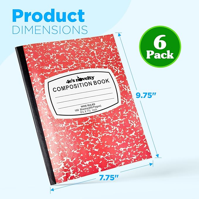 4E's Novelty Wide Ruled Composition Notebooks - Pack of 6- Hard Cover 100 Sheets 9.75" x 7.5" - Red Blue Green Cute Marble Colors, Bulk Compositon Book Wide Ruling, Back to School Supplies