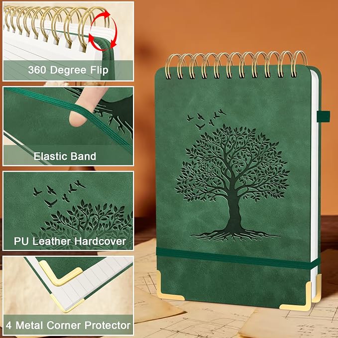Mousbull A5 Top Spiral Notebook, Tree Pattern Large Leather Hardcover Left Handed Journal, 240 Pages 100 Gsm Lined Paper Top Bound Steno Pads for Work, School, Travel Writing - Green, 5.9" x 8.5"
