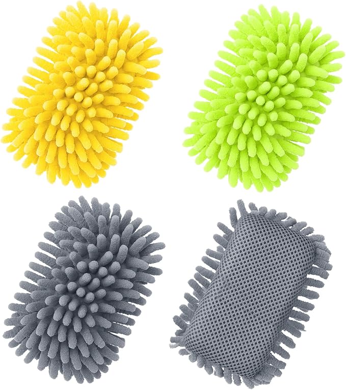 Zonon 4 Pieces Dry Erase Eraser Microfiber Shag Washable Whiteboard Eraser for Markers, Chalk, Home and Office (Green,Yellow,Gray)