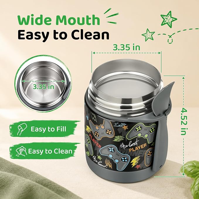 Pawtong 10oz Soup Thermo for Hot Food Kids Insulated Food Jar,Thermo Hot Food Lunch Container, Width Mouth Stainless Steel Lunch Box for Kids with Spoon (Black-Gamepad)