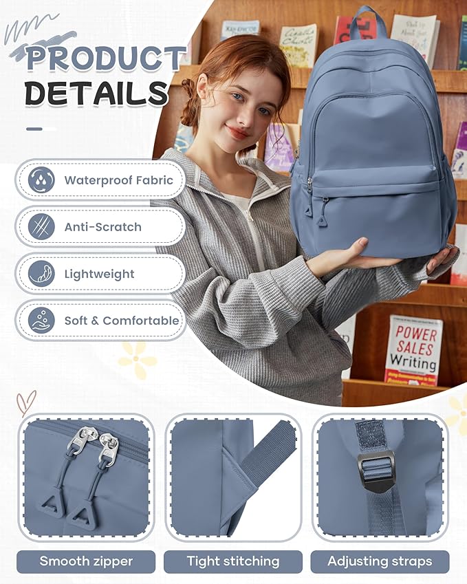BJLFS Small Blue Backpack for School Women Girls, Waterproof Bookbag Cute High School Backpack for Men Teen Boys, Lightweight Travel College Back Pack Mochilas Escolares para Casual Daypack Rucksack