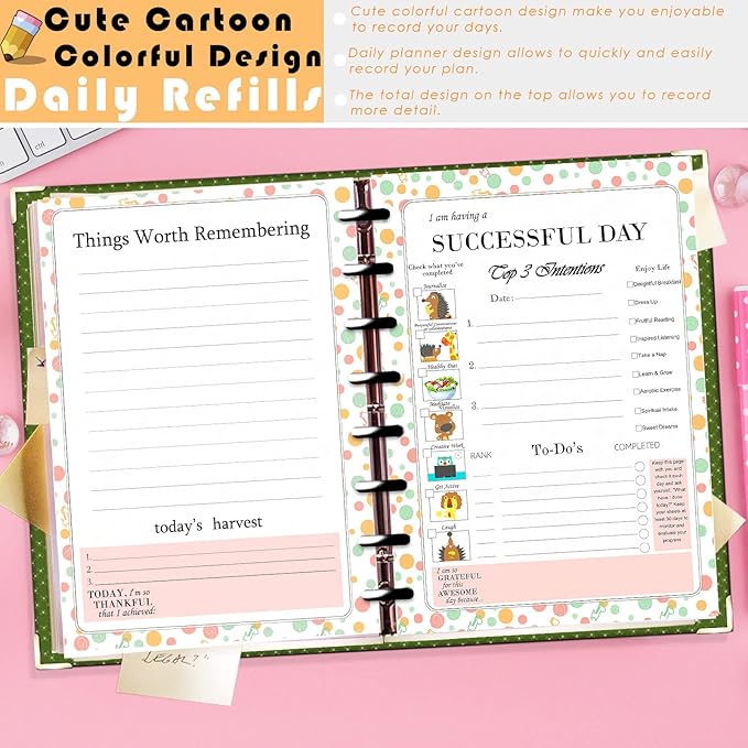 Rancco Discbound Junior Daily Planner Refills, 180 Pages 8 Disc Punched Half Letter Paper Inserts w/Index Tabs, Binder Dividers, Loose-Leaf Bag, Ruler For Circa, Arc, TUL, Happy Planner, 5.5x8.5"