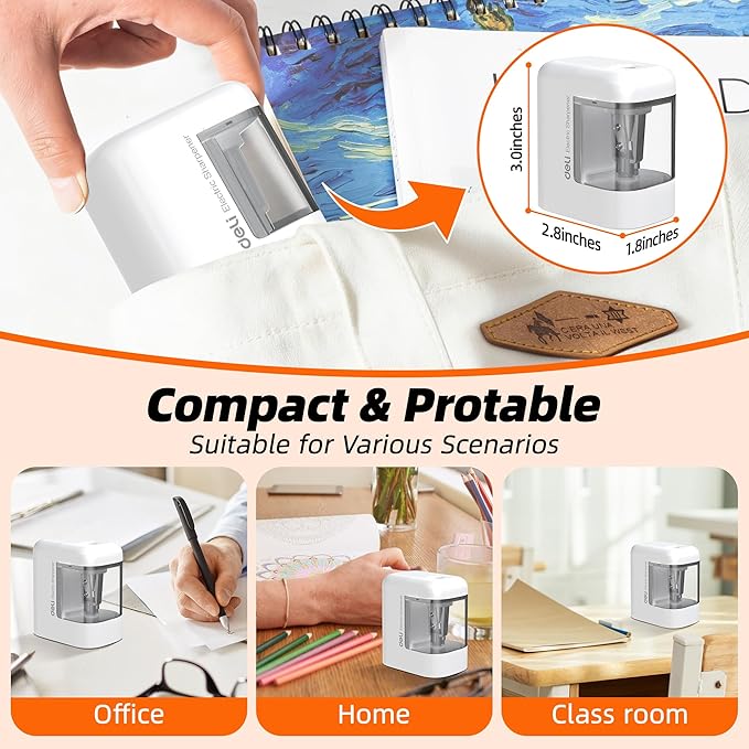 deli Electric Pencil Sharpener, Portable Pencil Sharpener for No.2 Pencils Colored Pencils, Battery Powered Electric Pencil Sharpener for School, Home, Office, White