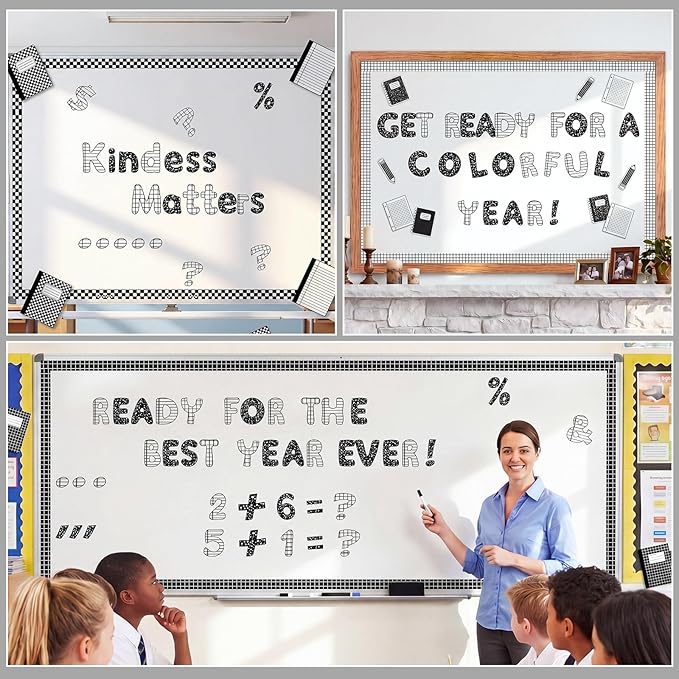 221 Pcs Composition Notebook Bulletin Board Letters, Round Alphabet Number Punctuation Symbol Combo Letter Cutouts, Black and White Classroom Decor for Summer School Chalkboard Poster Wall
