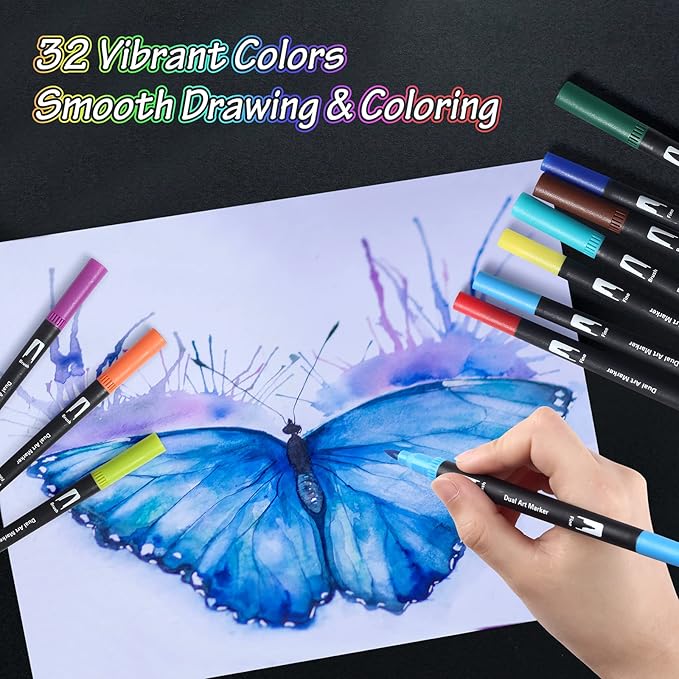 Peablce Art Markers Brush Pen, Markers for Adult Coloring Books No Bleeding,32 Colored Pens Fine Point Highlighter Pen & Brush for Adult Coloring Journaling Note Taking Planner