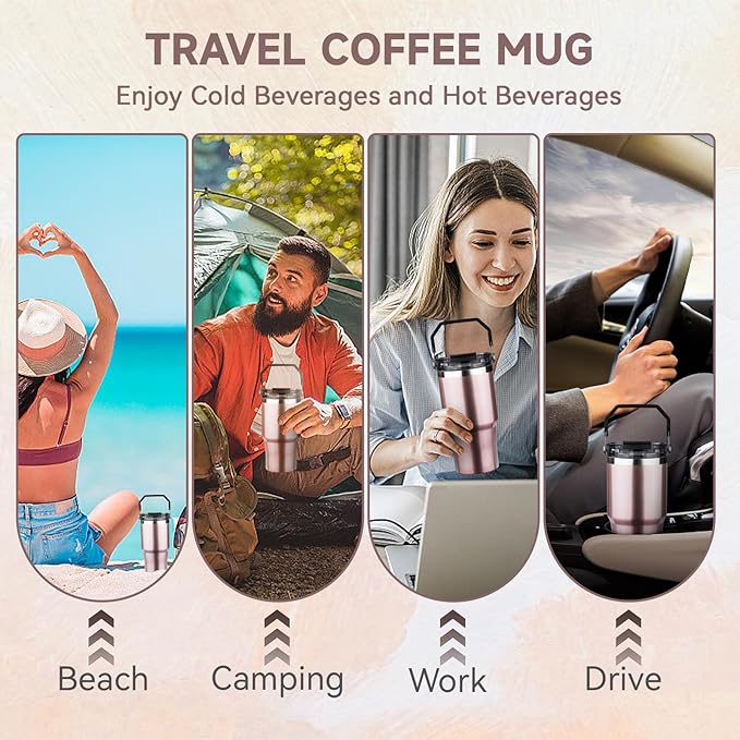 20oz Tumbler with Handle and Flip Straw Lid Double Wall Insulated Travel Coffee Mug Stainless Steel Vacuum Insulated Coffee Tumbler Cup for Hot and Cold Beverages Leak-proof&BPA-free（20oz,Rose gold）