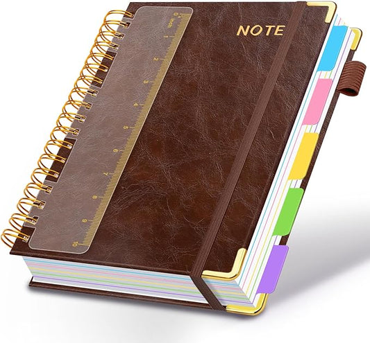 Hardcover Spiral Notebooks for Work 8.5''x 11'', 300 Pages 5 Subject Notebook with Dividers & Tabs, A4 Spiral Journal for Women, College Ruled Notebooks for School Note-Taking (Dark Brown)