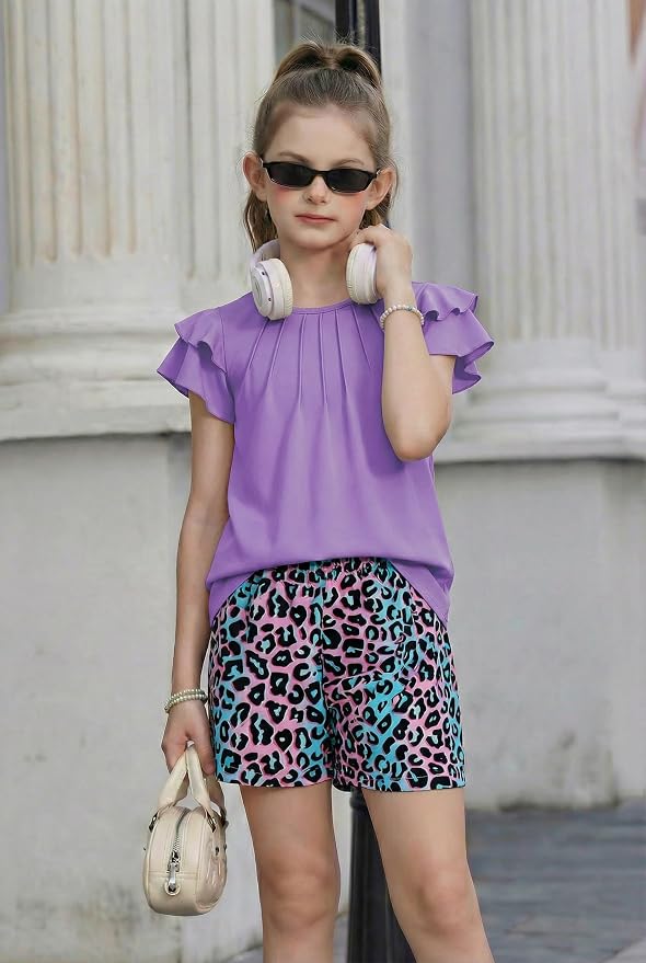 Arshiner Girls 2 Piece Outfits Summer Ruffle Sleeve Top and Paperbag Waist Shorts Set with Pockets Size 5-13 Years