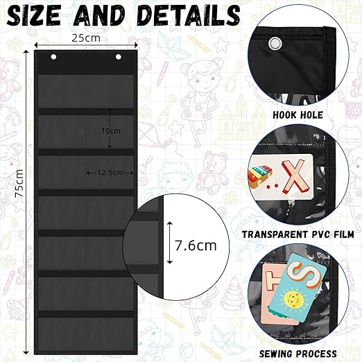 Watersay 2 Pack Pocket Chart for Classroom 29.5 x 10 in 12+1 Pockets Hanging Wall File Organizer for Cards, Pictures, Class Management Educational Behavior Chart, Teacher Office (Black)