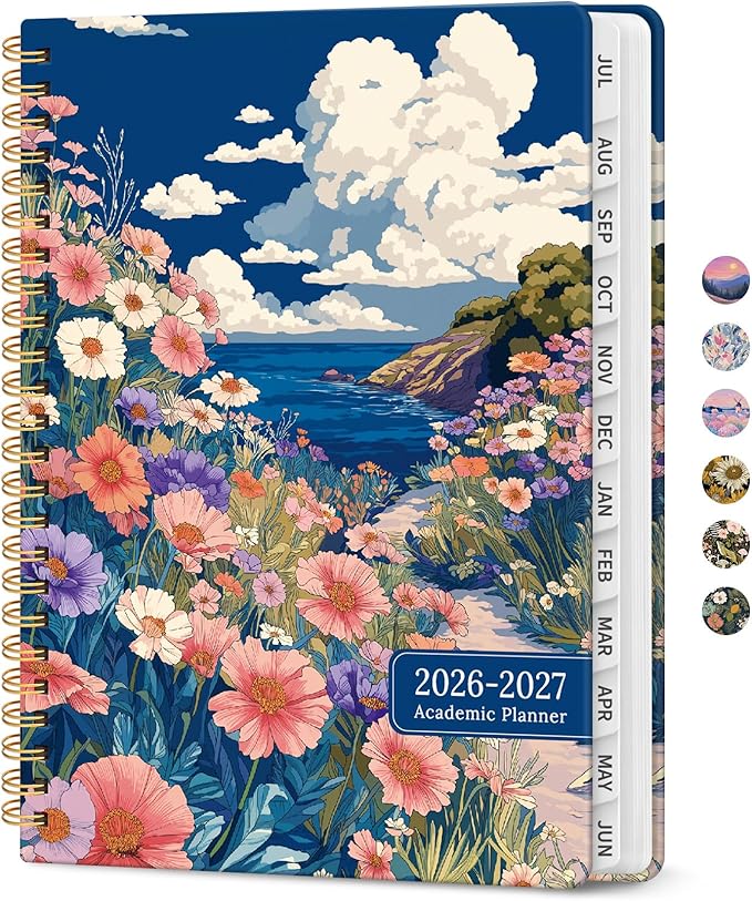 Planner 2026–2027, Academic Monthly Weekly Spiral Calendar, July 2026 – June 2027, Hardcover Agenda Notebook with Tabs, 6.3" x 8.5", Perfect for Students, Teachers, School & Daily Planning - Pelagic Petalia