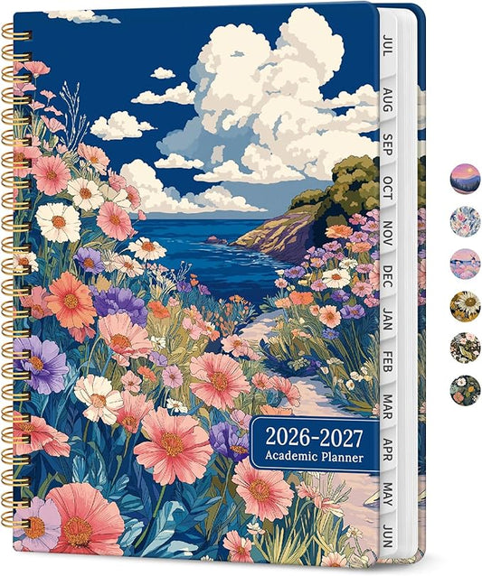 Planner 2026–2027, Academic Monthly Weekly Spiral Calendar, July 2026 – June 2027, Hardcover Agenda Notebook with Tabs, 6.3" x 8.5", Perfect for Students, Teachers, School & Daily Planning - Pelagic Petalia