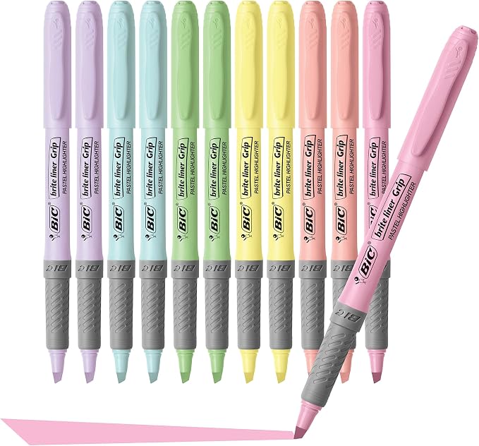 BIC Brite Liner Grip Pastel Highlighter Set, Chisel Tip, 12-Count Pack of Pastel Highlighters in Assorted Colors, Cute Highlighters for Bullet Journaling, Note Taking and More (Pack of 3)