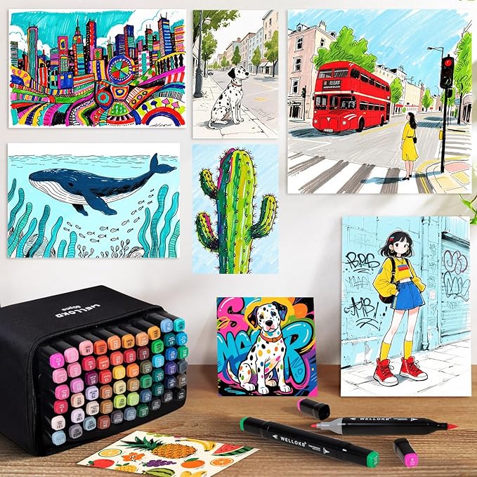 WELLOKB Alcohol Markers Set, 60 colors Alcohol Based Dual Tip, Broad and Brush Tip for Adult Coloring Books, Drawing, Sketching (60)