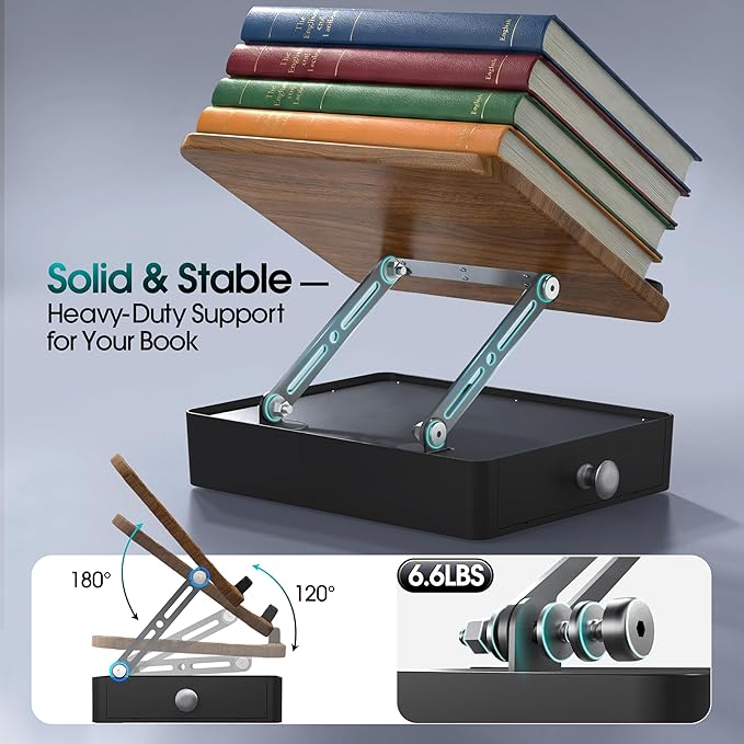 Book Stand with Storage Drawer, Adjustable Wooden Reading Stand for Desk, Ergonomic Height & Angle Book Holder for Textbooks, Cookbooks, Documents (Walnut Finish, 9.8" x 13.8" Large Panel)