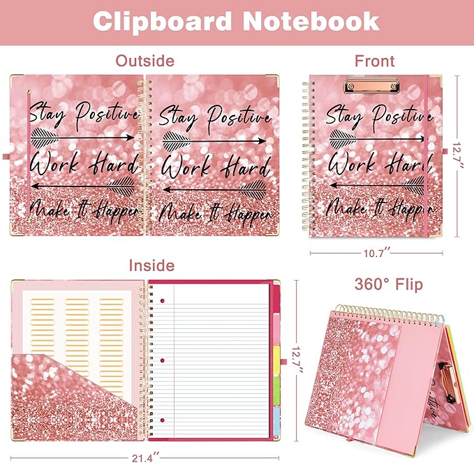 EYROZILL Spiral Notebook Clipboard with Removable Dividers Tabs, 5 Subject Notebook College Ruled, 8.5"x11" Hardcover Lined Journals with 12 Storage Pockets School Office Work Supplies