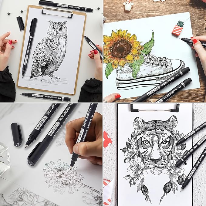 MARTCOLOR Micro Pen Fineliner Pens, 10 Size Fine Point Archival Black Ink Pens, Waterproof Multiliner Pen for Artist Illustration, Sketching, Art Drawing, Anime, Manga, DIY Gifts Projects