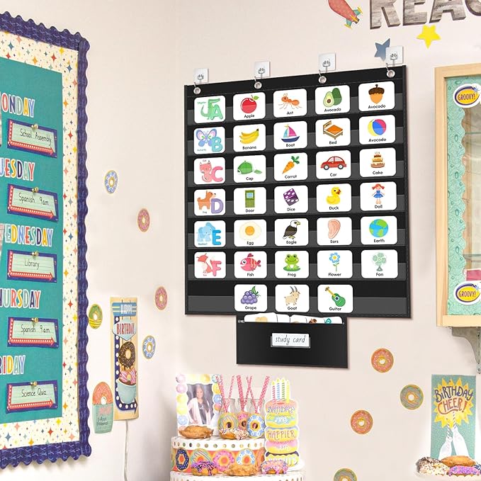 AKAYOK Standard Pocket Charts for Classroom, Interactive and Versatile Pocket Chart 28"x28" Sentence Strip Holder for Vocabulary, Practice Spelling, Display Number Patterns (Black)