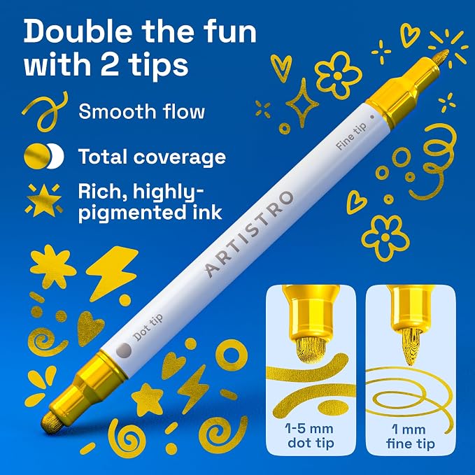 ARTISTRO 24 Gold Dual-Tip Acrylic Paint Markers – Paint Pens Set with Dot & Fine Tips for Fabric, Rock, Glass, Wood, Coloring Books – Arts & Crafts Gift – Classroom Must Haves & School Supplies