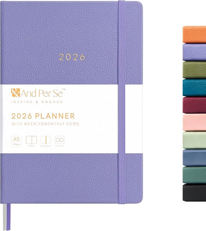 And Per Se 2026 Planner-Daily, Weekly & Monthly Leather Hardcover Planner, 5.7" x 8", Daily Schedule, 100 GSM Thick Paper, Back Pocket(Lavender)