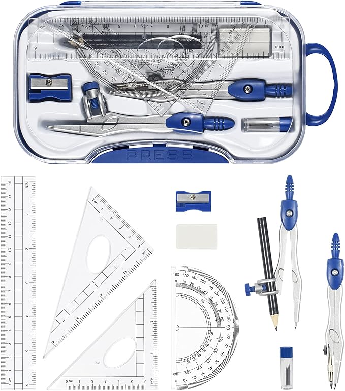 Unjoo Math Geometry Kit Sets 10 Piece Student Supplies with Shatterproof Storage Box,Includes Rulers,Protractor,Compass,Eraser,Pencil Sharpener,Lead Refills,Pencil,for Drafting and Drawings（Navy blue）