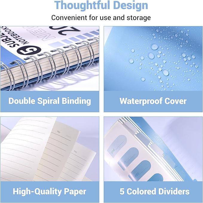 FLYING EAGLE Small Spiral Notebook 5 Subject Notebook Wide Ruled with Dividers Tabs Waterproof Plastic Cover Thick Paper Notebooks for Work School, 7x10 Blue