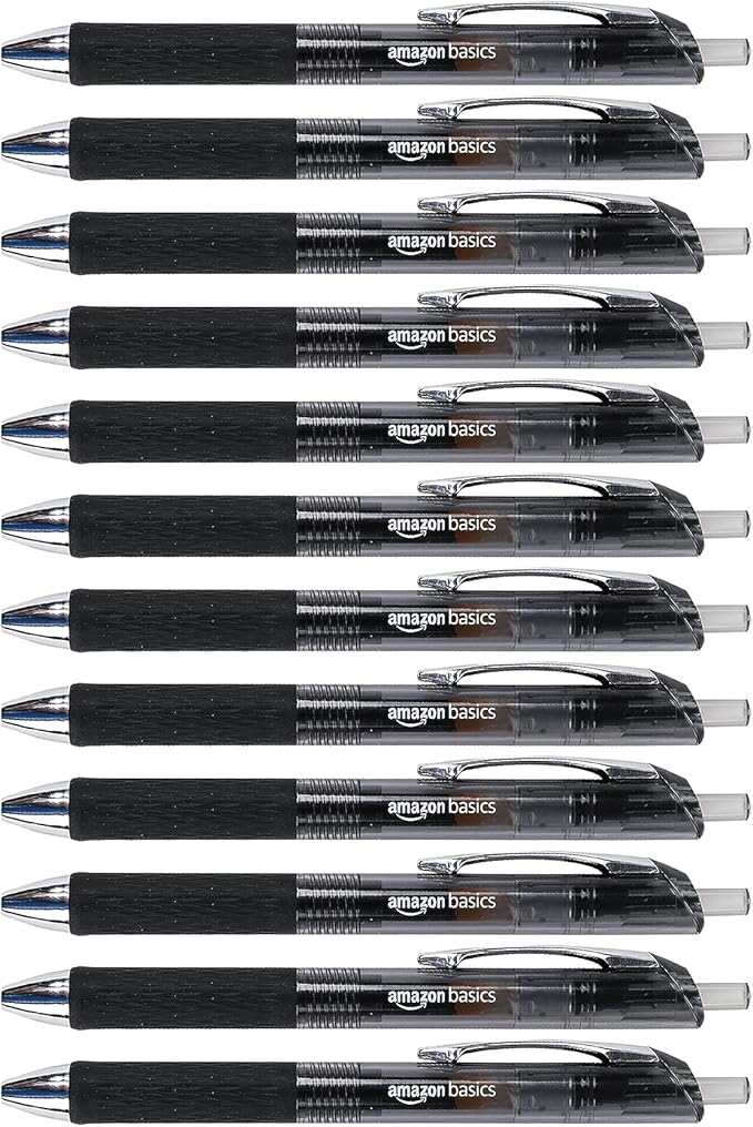 Amazon Basics Retractable Gel Pens, Fine Point 0.7mm, Smooth Writing, Black, No Smudge, School and Office Supplies, 12-Pack