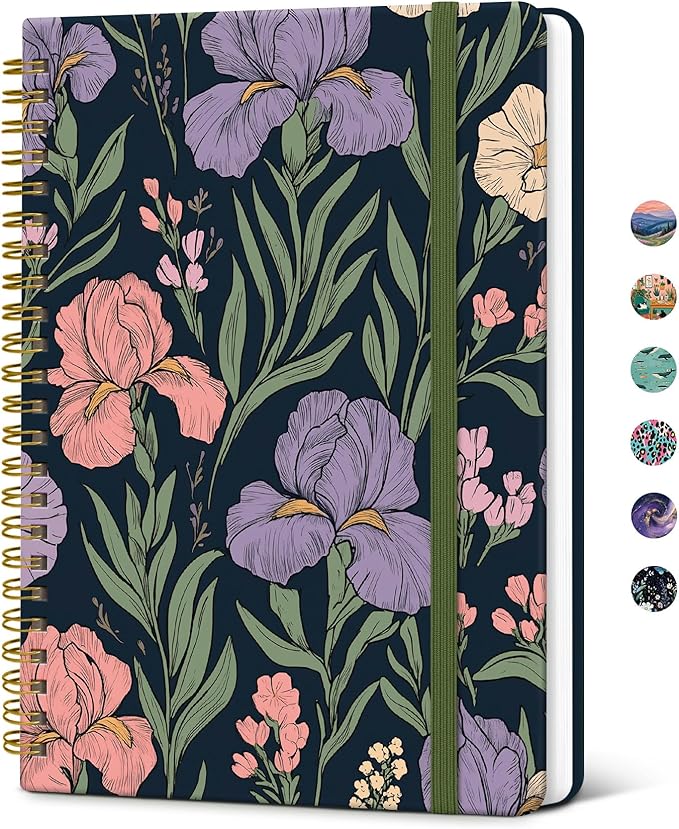 Taja Spiral Lined Journal for Women, Notebook for Work with Pretty Cover, 140 College Ruled Pages, Hardcover Notebook for Journaling, Note Taking, Bible Study, Iris Meadow
