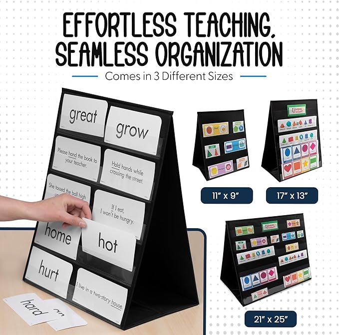 Essex Wares - 2 Pack - 13" Wide x 17" Tall Tabletop Pocket Chart, Black - Double Sided with 5 Straps Each - Reusable Pocket Chart Stand for Classroom - Easy to Use, Foldable Tabletop Chart Stand