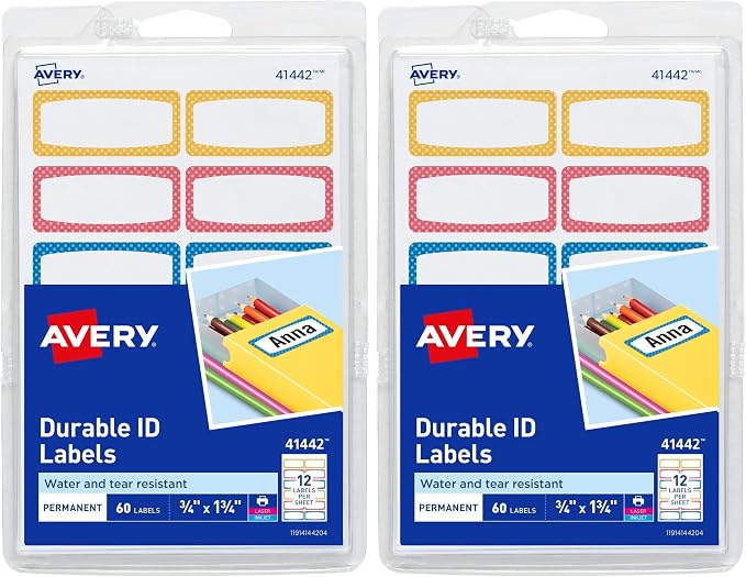 Avery Durable Labels for Kids' Gear, 3/4" x 1-3/4", Assorted Border Colors, Water-Resistant Labels, 60 Count (41442), (Pack of 2)