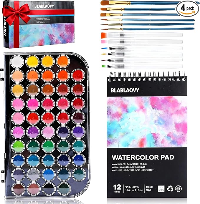 Blablaovy Watercolor Paint, 48 Colors Washable Paint Set, 6 Brush, 6 Refillable Water Brush Pen, Drawing Pad, Palette, Painting sets for Artists Beginners Adult, Water Color Paint Sets for Kids