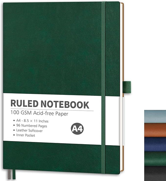 RETTACY Lined Journal Notebook, 96 Numbered Pages, A4 Large Size (8.5'' x 11''), for Men & Women, Journaling, Writing, Work & Office, Leather Softcover, 100 GSM Thick Paper (Dark Green)