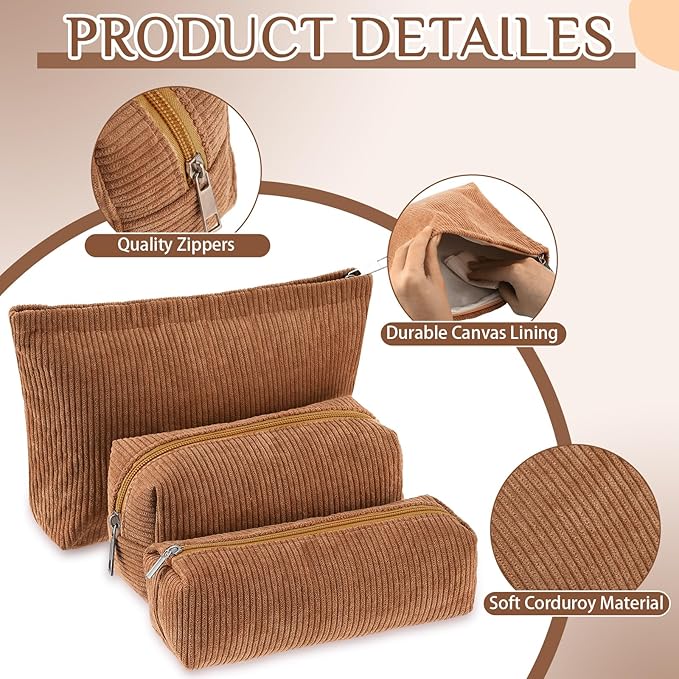 Huhumy 3 Pcs Makeup Bag Set for Women Corduroy Cosmetic Pouch Aesthetic Smile Travel Toiletry Bag Cute Purse Pouch Pencil Case Makeup Brushes Storage Organizer with Zipper(Brown,Solid Style)