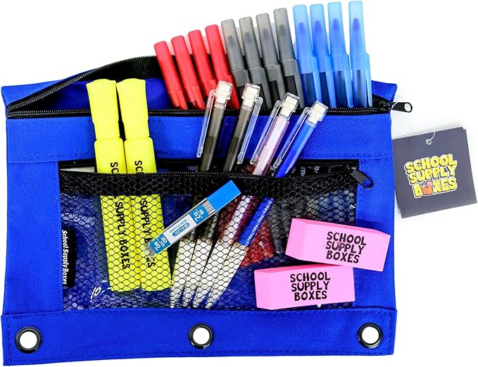 Secondary School Pencil Bag Kit (6 Pack) – Mechanical Pencils, Black, Blue & Red Pens, Highlighters, Erasers & Lead Refill – Pre-Filled Pencil Pouch – Middle & High School